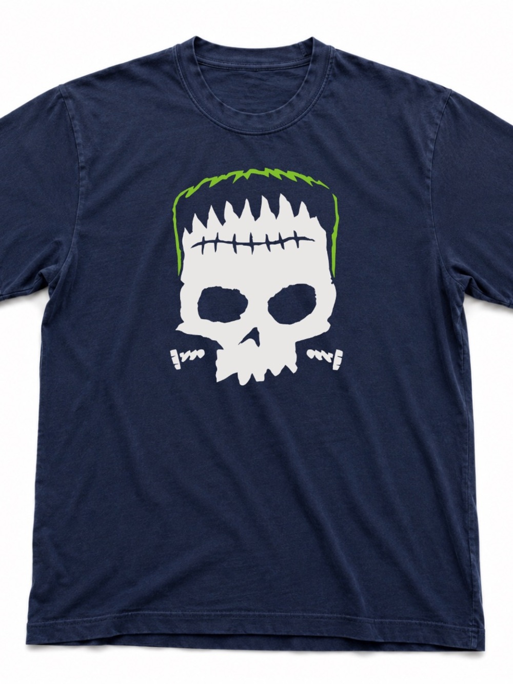Gildan Navy Short Sleeve Tee with White Skull and Lime Accent